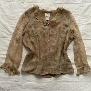 Vintage beaded silk Cream tan sheer floral button-up blouse ruffles embroidery